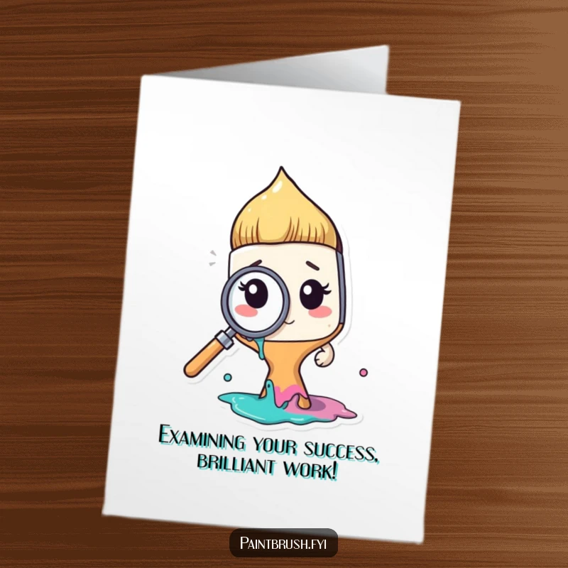 Funny Free Printable Paintbrush character examining paint with a magnifying glass, congratulating with artistic detail. Humorous.