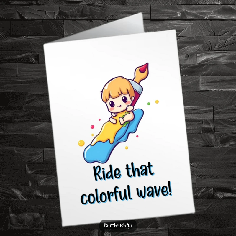 Funny Free Printable Congratulations Card: A paintbrush character slides down a vibrant rainbow formed from colorful paint, celebrating a grand success.