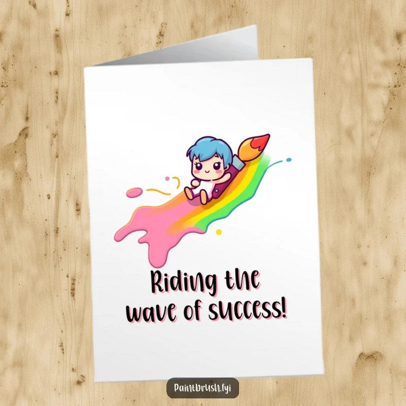Funny Free Printable Paintbrush character sliding down a rainbow paint streak, celebrating success with vibrant humor.