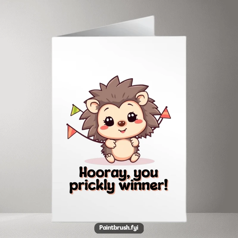 Funny Free Printable Congratulations Card showing a happy hedgehog with a long, stripey party banner celebrating achievement.