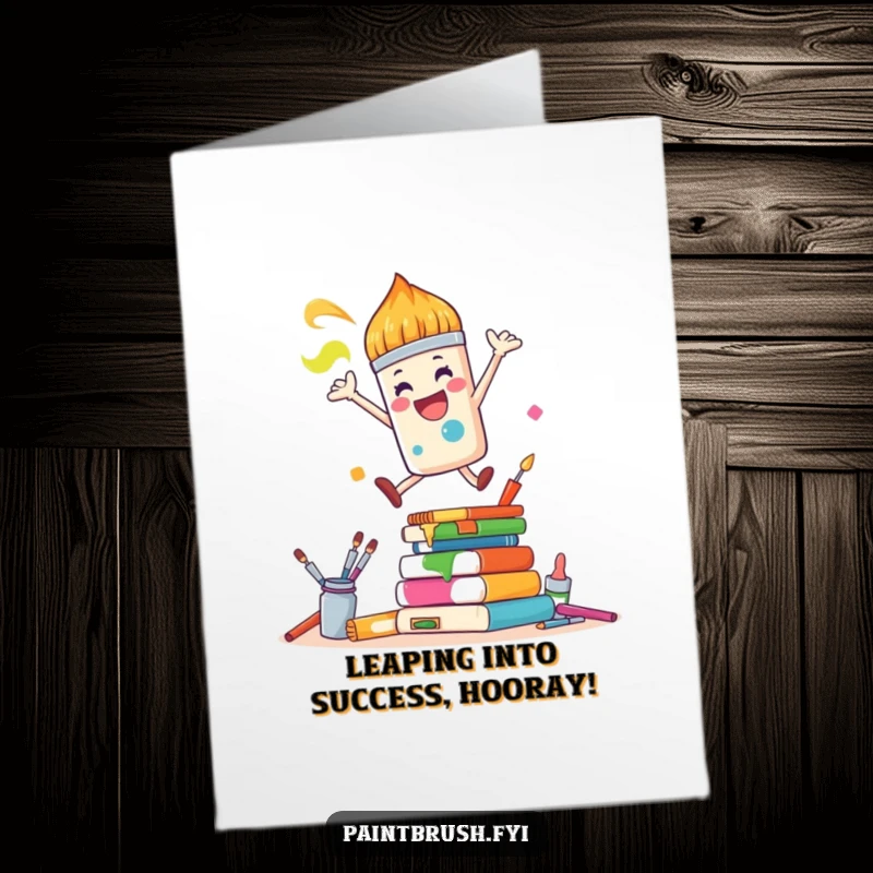Funny Free Printable Congrats Card: Joyful paintbrush character leaping joyfully over art supplies pile, celebrating success.