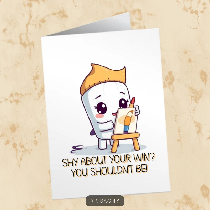 Funny Free Printable Paintbrush character peeking from behind a small easel, offering humorous congratulations. Shy artist.