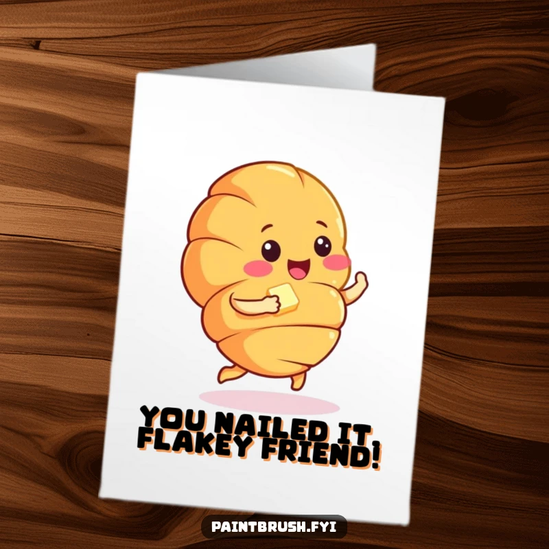Funny Free Printable Congratulations Card: A croissant character happily jigging with a pat of butter, celebrating.