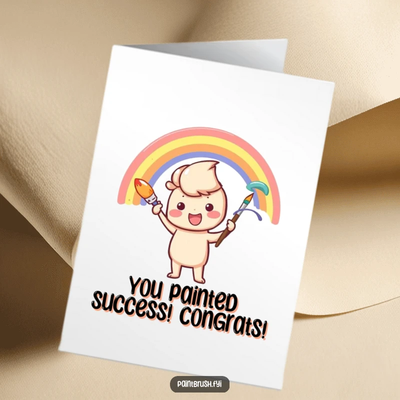 Funny Free Printable Congratulations Card with a happy paintbrush painting a vibrant rainbow arc, ideal for celebrating achievements with flair.