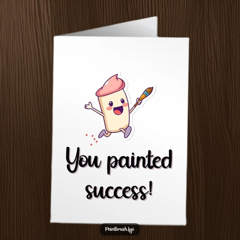 Funny Free Printable Congrats Card: Energetic paintbrush character joyfully leaps, scattering dots, perfect for celebrating wins.