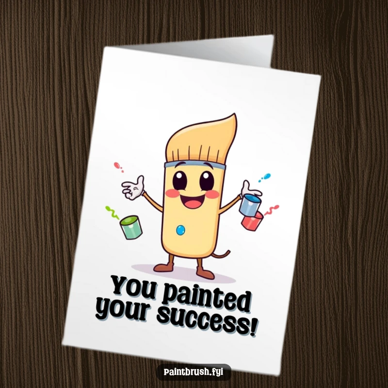 Funny Free Printable Congrats Card: A smiling paintbrush character juggles paint pots, celebrating a fantastic achievement with vibrant colors.
