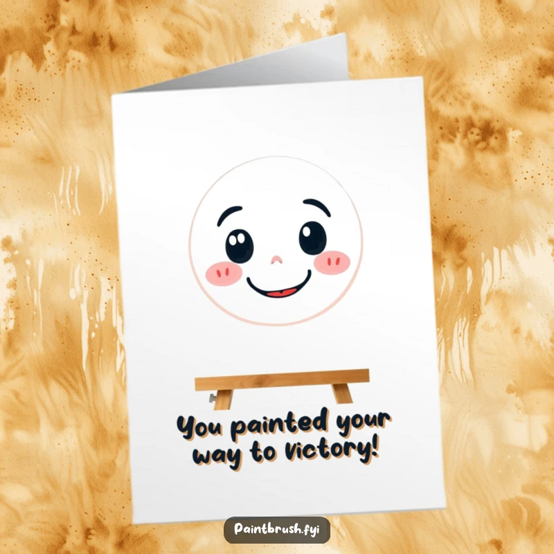 Funny Free Printable Congratulations Card: A dedicated paintbrush character diligently paints a cheerful smiley face, celebrating accomplishment.
