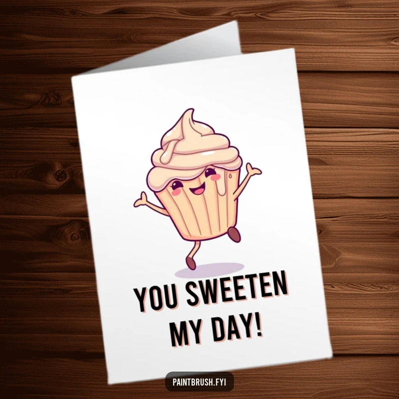 Funny Free Printable Congratulations Card: A smiling cupcake character with frosting drips cartwheels in celebration of a fantastic achievement.