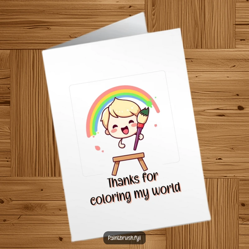Funny Free Printable Thank You Card: Paintbrush character joyfully painting a rainbow arc across a blank canvas, showing thanks.