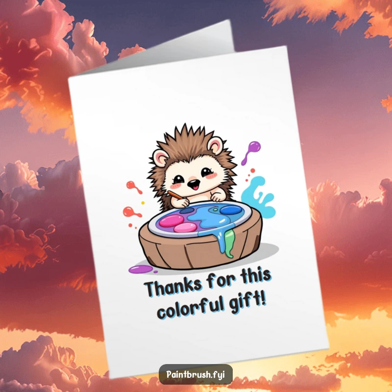 Funny Free Printable Hedgehog Thank You Card: A happy hedgehog artistically covered in paint says thanks.
