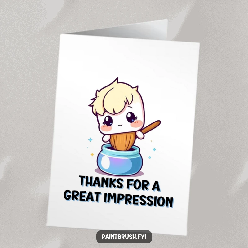 Funny Free Printable Thank You Card: Curious paintbrush character dips bristles into a shimmering ink pot, pondering gratitude.