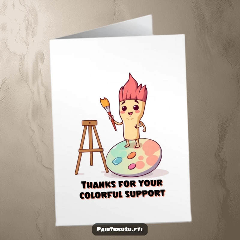 Funny Free Printable Thank You Card: Determined paintbrush character stands resolutely on a palette, holding a brush in thanks.