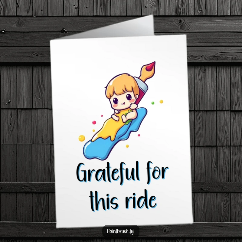 Funny Free Printable Thank You Card: A paintbrush character slides down a vivid rainbow of paint, humorously conveying thanks with speed and color.
