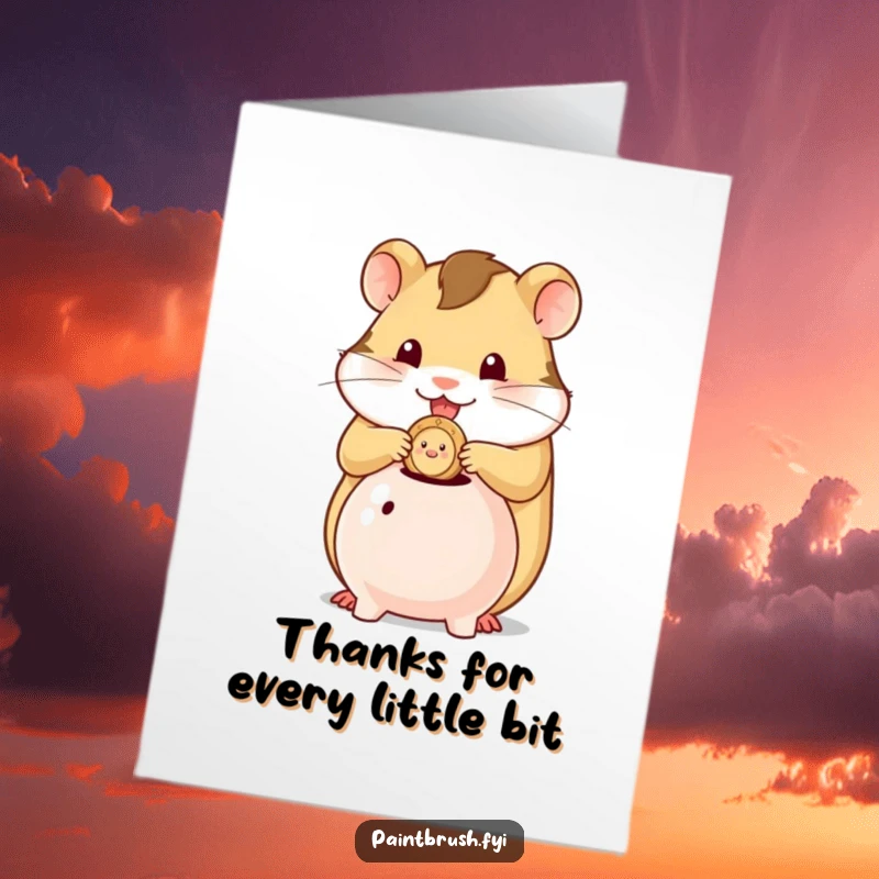 Funny Free Printable Thank You Card of a hamster character carefully placing a solitary coin into a tiny, waiting piggy bank.