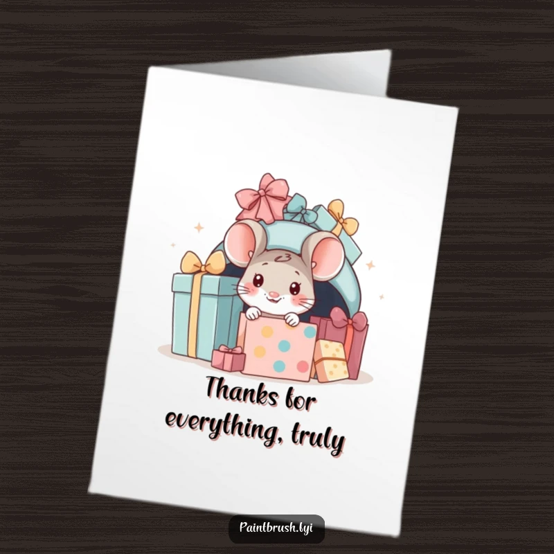 Funny Free Printable Thank You Card showing a little mouse curiously peeking from a pile of thank you presents.