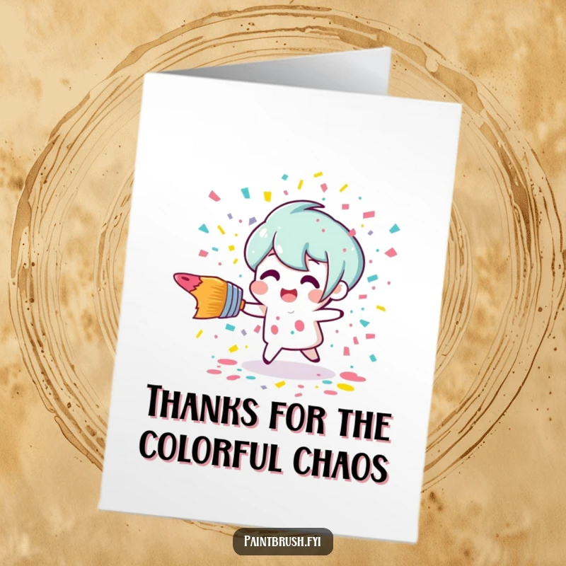 Humorous free printable thank you card of a paintbrush tripping and losing paint confetti in a vibrant explosion.