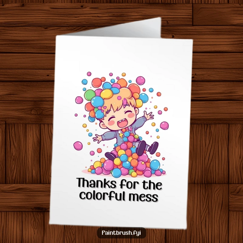 Funny Free Printable Thank You Card featuring a painter character who has tripped, scattering colorful paint blobs around.