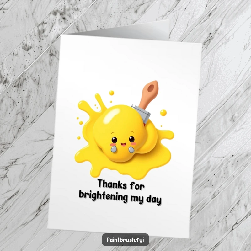 Funny Free Printable Thank You Card: A paintbrush character playfully peeking from behind yellow paint, sending colorful thanks.