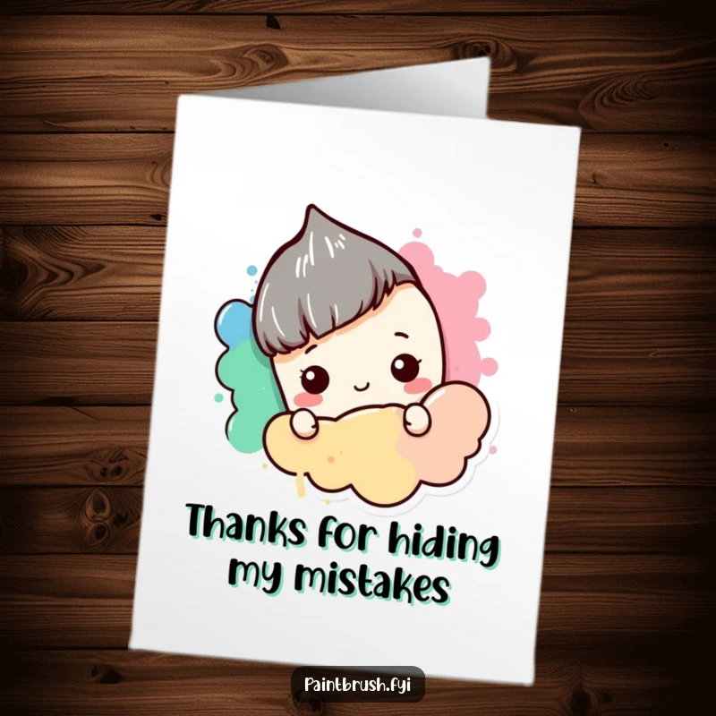 Funny Free Printable Thank You Card featuring a shy paintbrush hiding behind a blob of color, offering a cute and bashful thank you.
