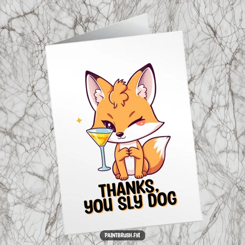Funny Free Printable Thank You Card depicts a clever fox with a cocktail glass, winking as a thank you.