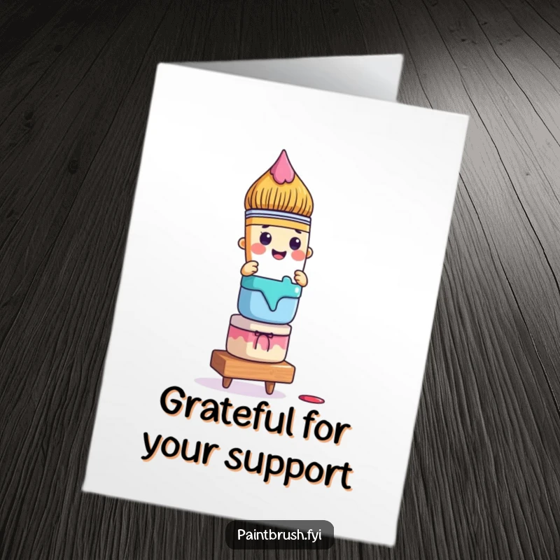 Funny Free Printable Thank You Card: A paintbrush character teeters with a tall stack of colorful paint pots, humorously conveying thanks.