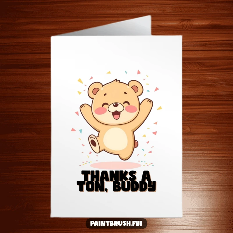 Funny Free Printable Thank You Card with a bear cub jumping happily, showering confetti to express thanks.