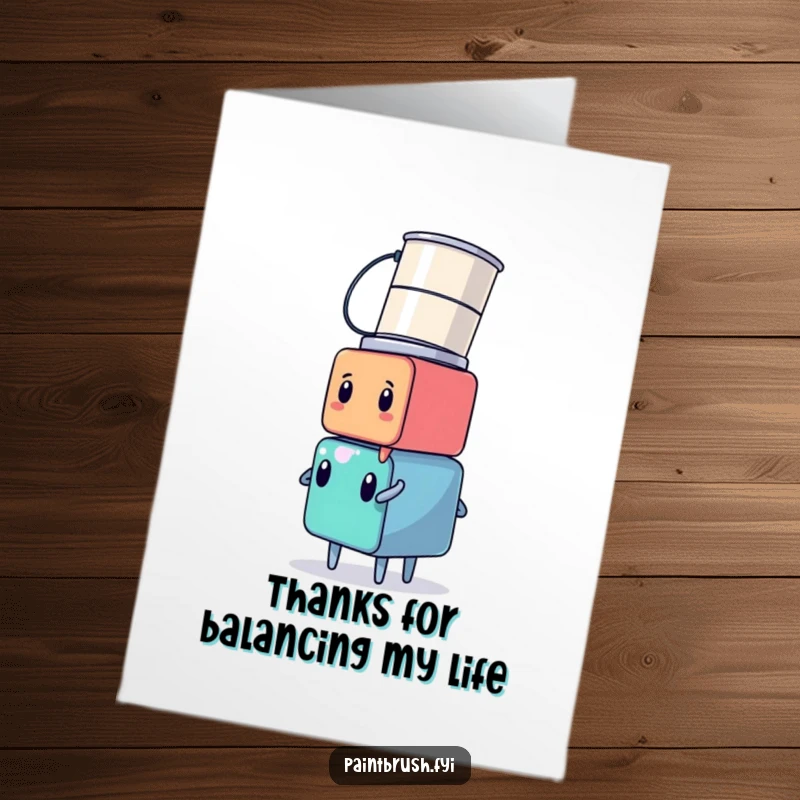 Funny Free Printable Thank You Card with a cube character precariously balancing a stack of paint cans on its head.