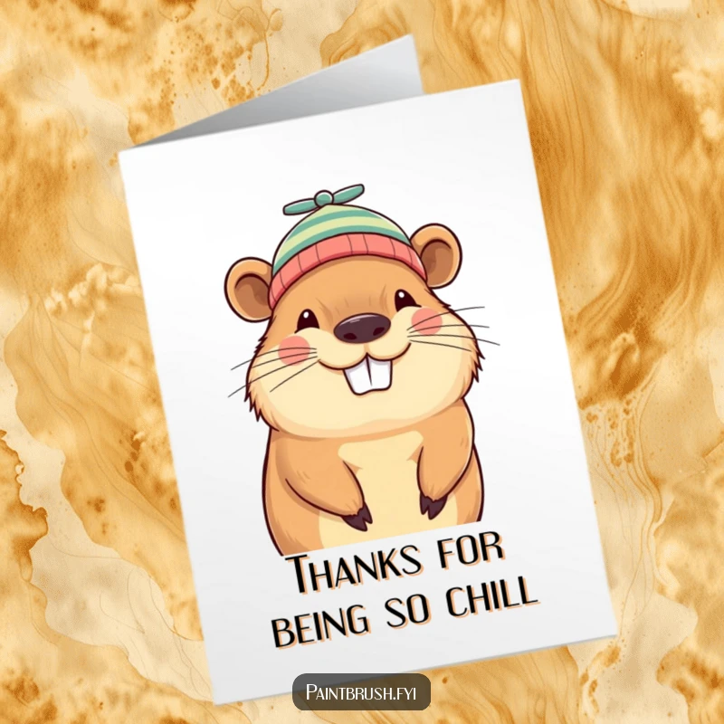 Funny Free Printable Thank You Card with a grinning capybara humorously wearing a tiny propeller beanie.