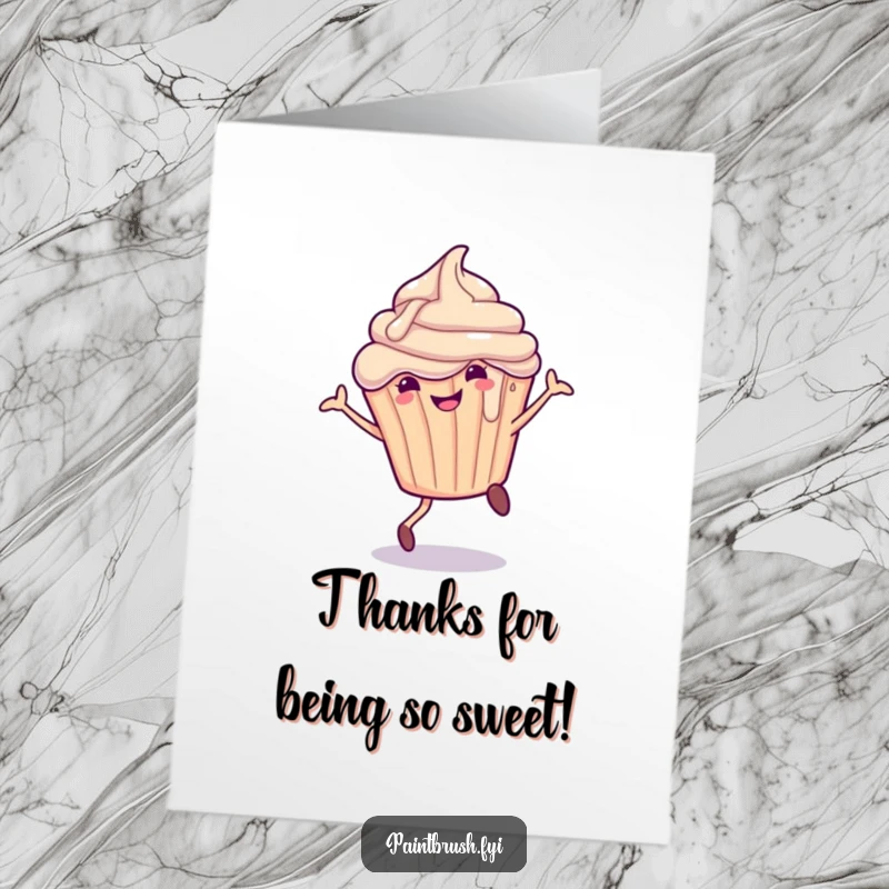 Funny Free Printable Thank You Card: A smiling cupcake character does a cartwheel with frosting dripping, expressing sweet gratitude.