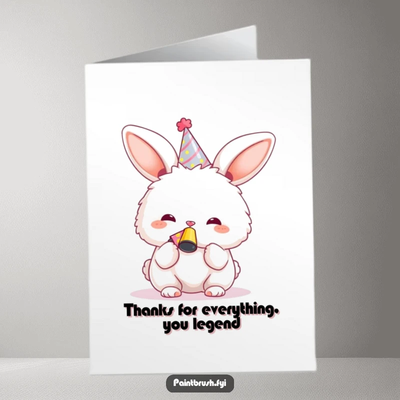 Funny Free Printable Thank You Card featuring a fluffy bunny in a party hat, ready to express gratitude with humor.