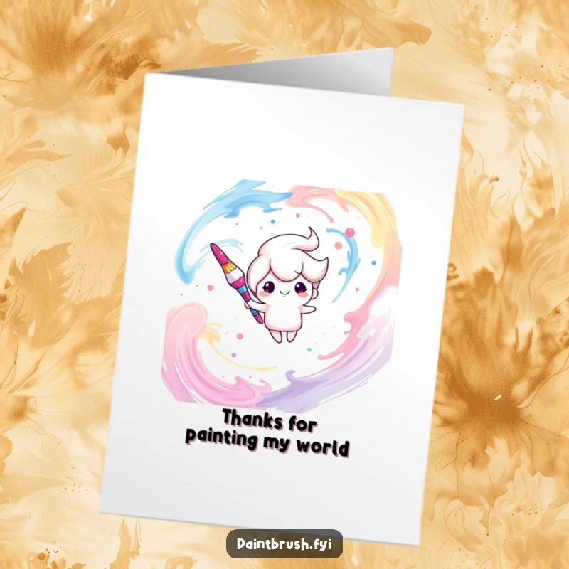 Funny Free Printable Thank You Card: Dreamy paintbrush character drifts peacefully in a swirl of paint, conveying thanks.