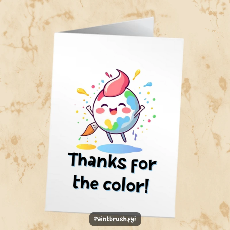 Funny Free Printable Thank You Card: A round paintbrush character joyfully splatters a spectrum of rainbow paint, offering colorful thanks.