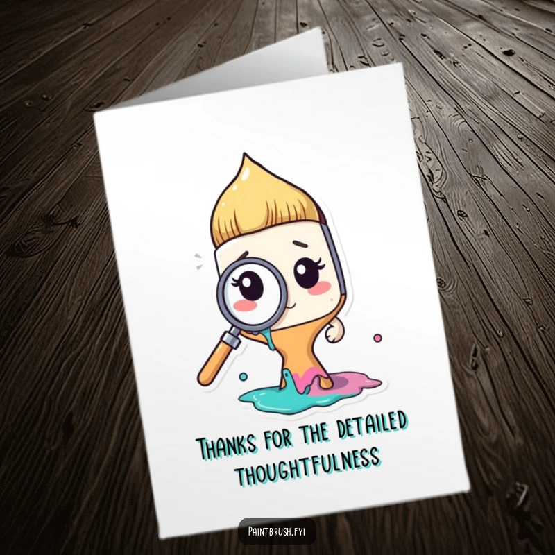 Funny Free Printable Paintbrush character closely inspecting paint with a magnifying glass, a humorous thank you note.