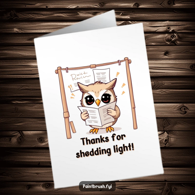 Funny Free Printable Thank You Card of a confused owl looking baffled at upside-down instructions on a canvas.