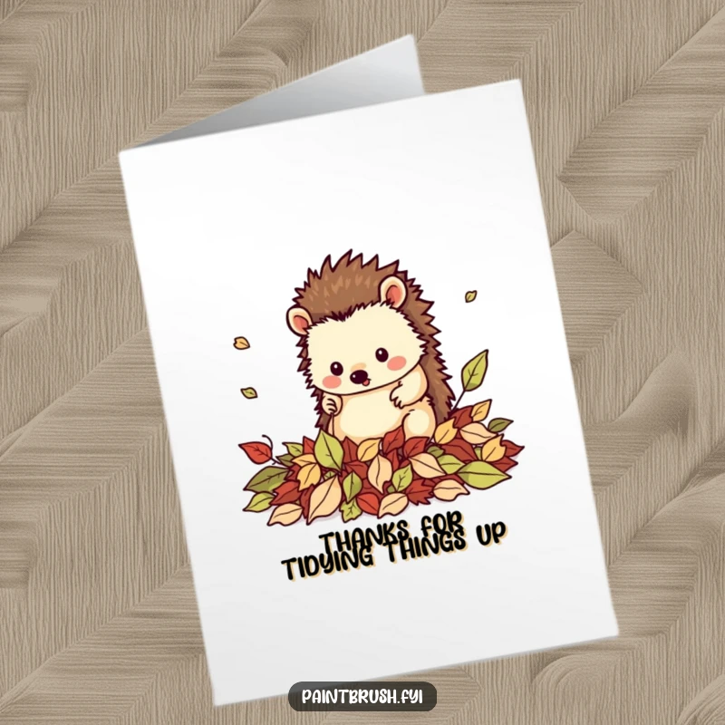 Funny Free Printable Thank You Card: Neat hedgehog tidying fallen leaves, a charming way to express thanks.