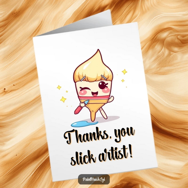 Funny Free Printable Thank You Card: Winking paintbrush character leaving a sparkly paint trail, a fashionable downloadable art for thanks.