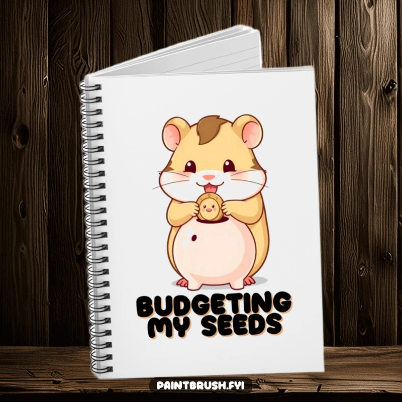 Funny notebook cover showing a hamster character stuffing a single coin into a tiny piggy bank, symbolizing financial planning.