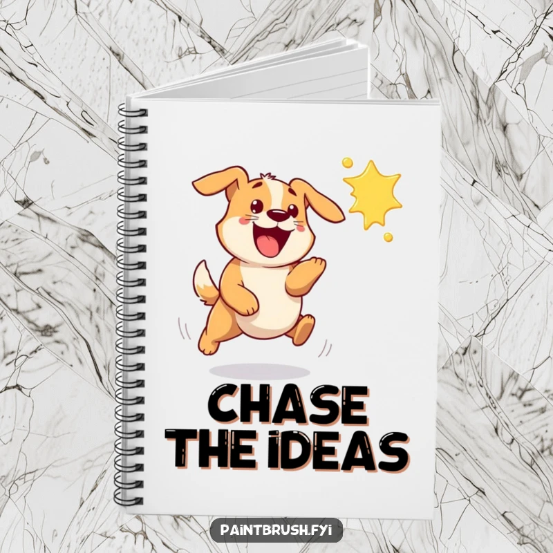 Funny dog notebook showing a bouncy dog excitedly chasing a flying paint splat, inspiring energetic note-taking.