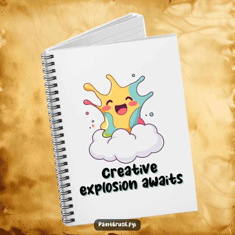 Funny notebook with a blob of paint joyfully splashing onto a surprised fluffy cloud, ideal for jotting notes with humorous art, a good funny gift.