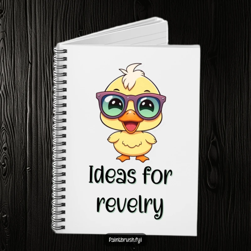 Funny duckling party notebook, joyous duckling character with party glasses, smiling, perfect for writing happy thoughts.