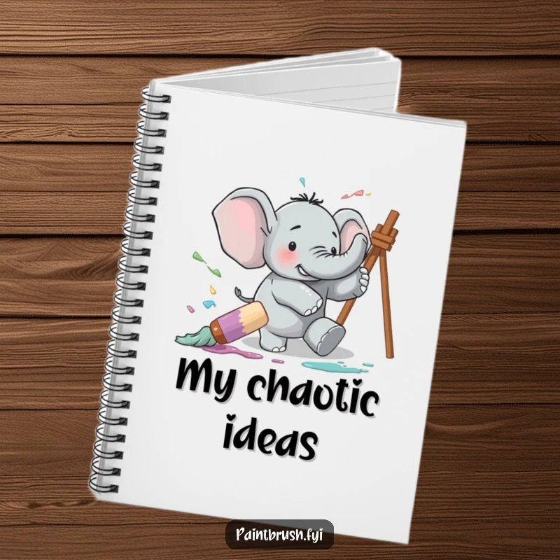 Funny notebook with a cover illustration of a clumsy elephant tripping over a giant paintbrush, inspiring creative brainstorming.