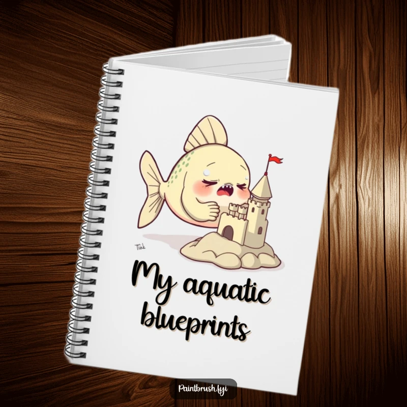 Funny notebook featuring a determined fish sculpting a tiny clay castle with its fins, inspiring creative planning.