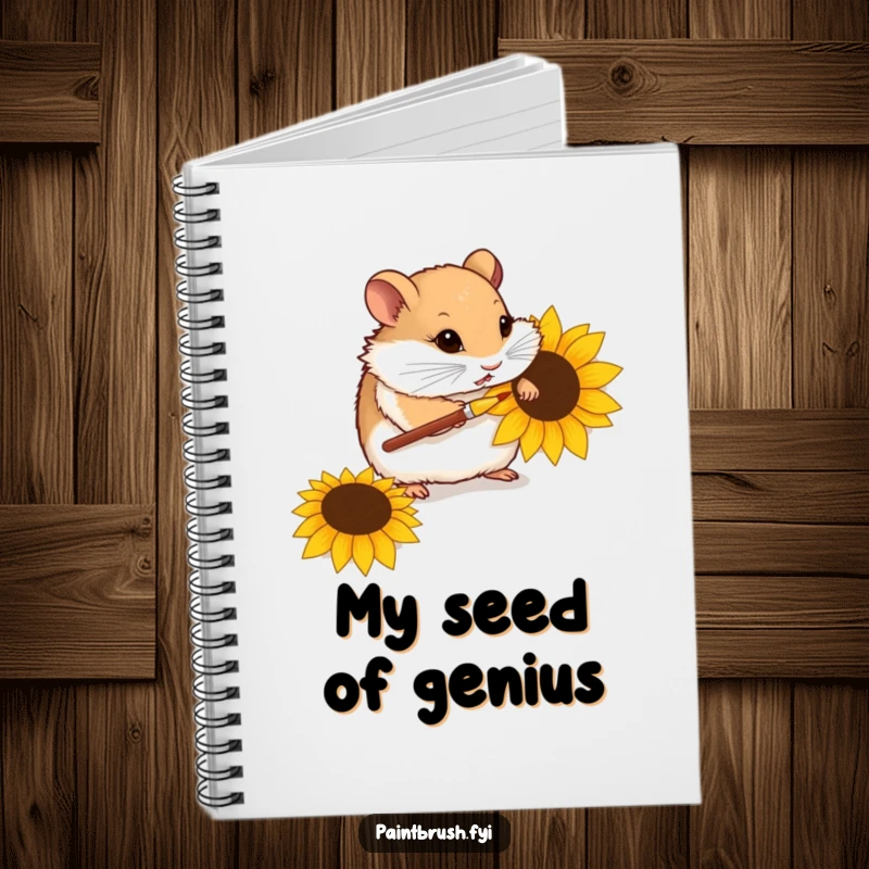 Funny notebook with a cover illustration of a curious hamster painting a sunflower seed with a tiny paintbrush, encouraging creativity.