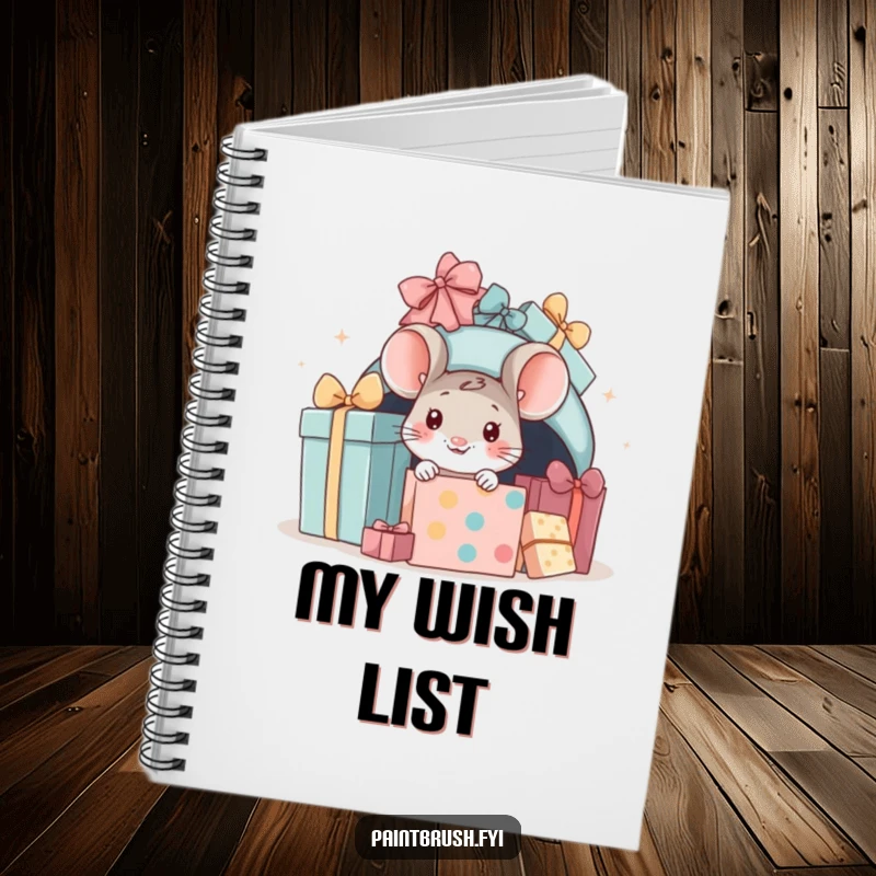 Funny mouse present notebook, little mouse peeking from beneath gifts, perfect for journaling and note-taking.