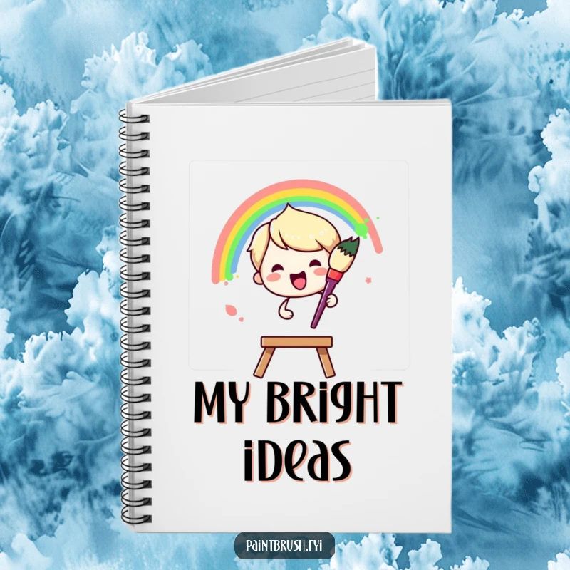 Funny Notebook: Paintbrush character joyfully painting a vibrant rainbow arc across a blank canvas, a humorous item for note-taking.