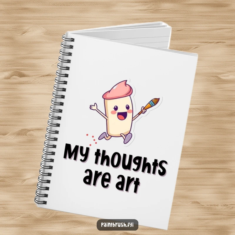 Funny Notebook featuring a leaping paintbrush character leaving a trail of dots, ideal for capturing creative thoughts.