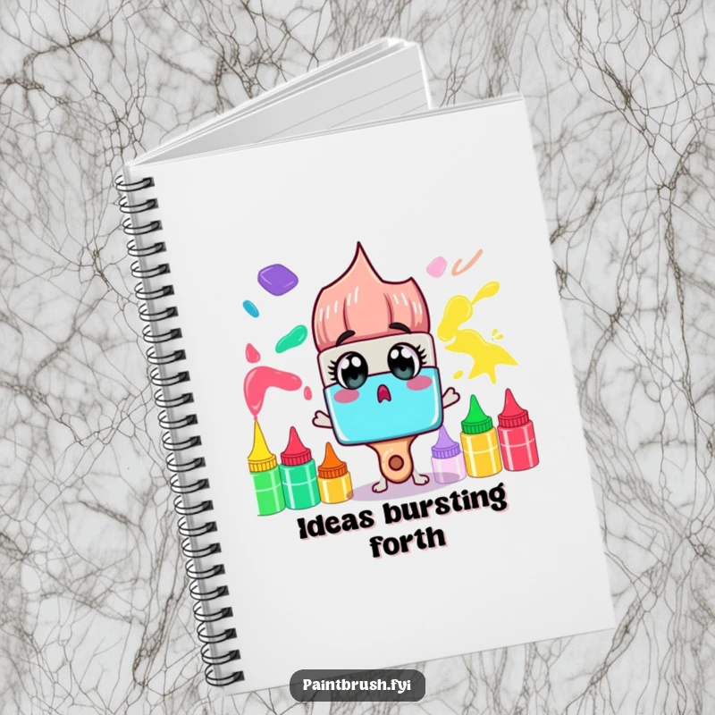 Funny Notebook: A surprised paintbrush character gazes at a rainbow of paint tubes, perfect for humorously jotting down colorful ideas.