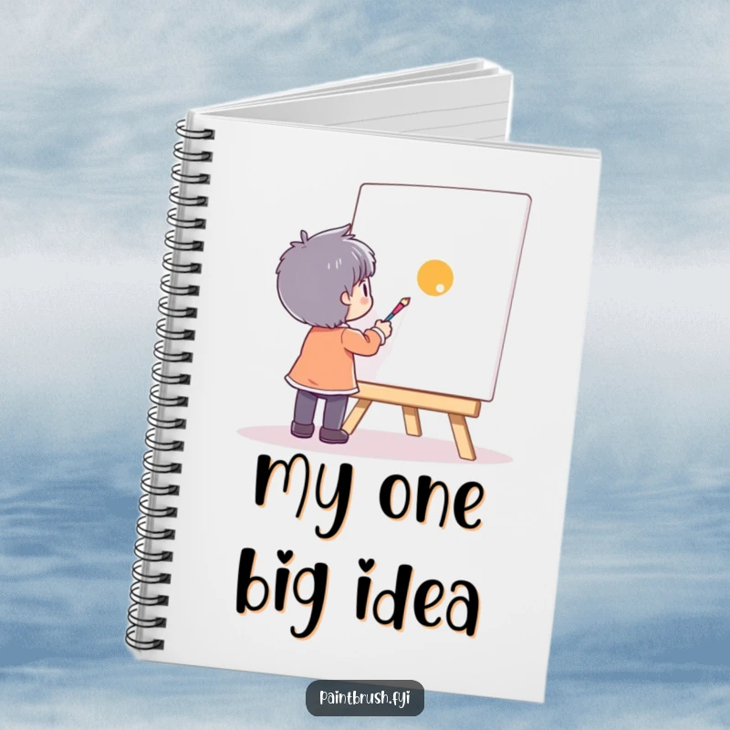 Funny character painting a single dot on a large canvas, on the cover of a notebook, ready for creative notes.