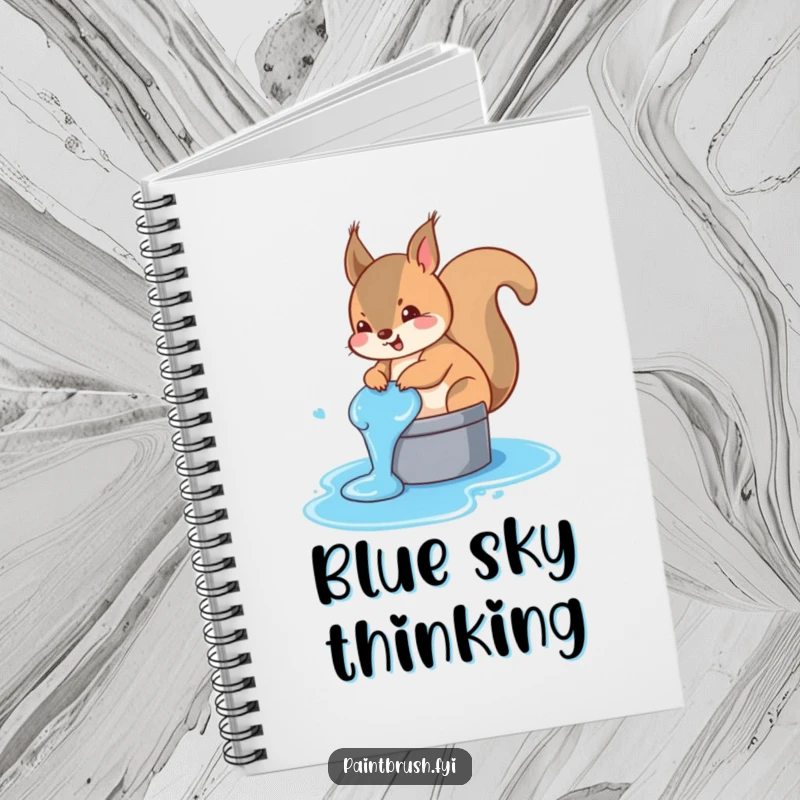 Funny squirrel notebook showing a mischievous squirrel accidentally dipping its tail in a bucket of blue paint, for creative notes.