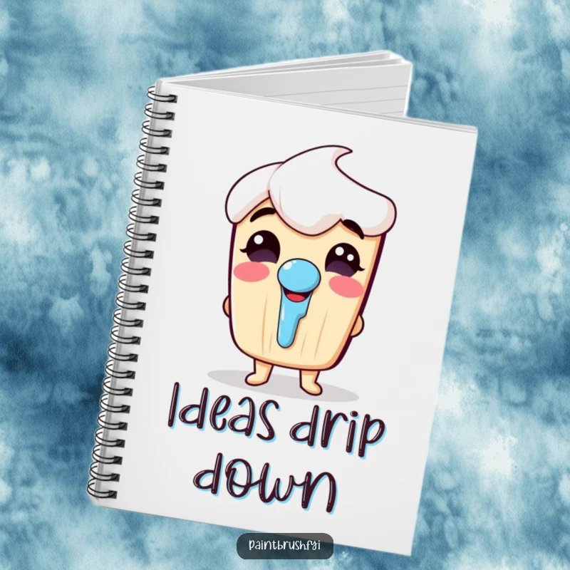 Funny notebook cover depicting a paintbrush character in a fit of giggles, its nose decorated with a paint drip.